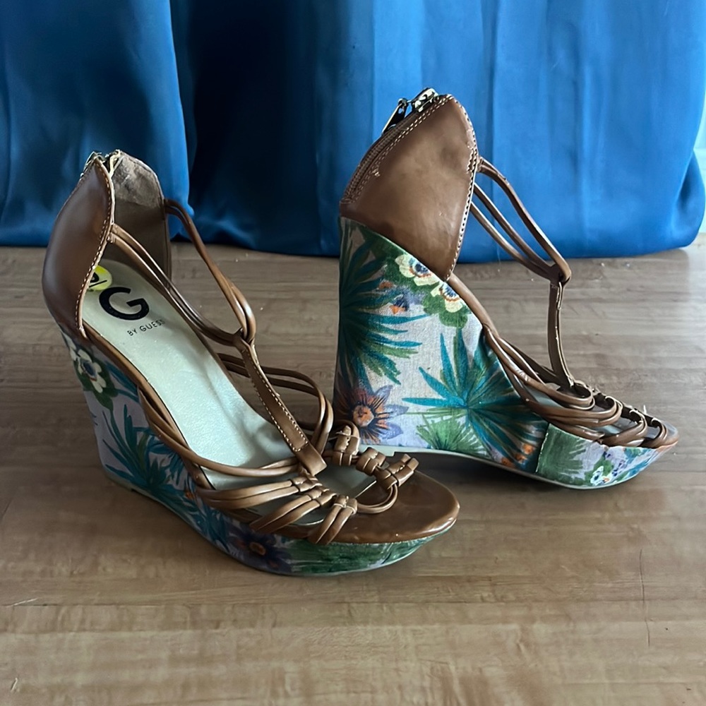 Tropical Tan T-Strap Wedges G by GUESS Size 9M